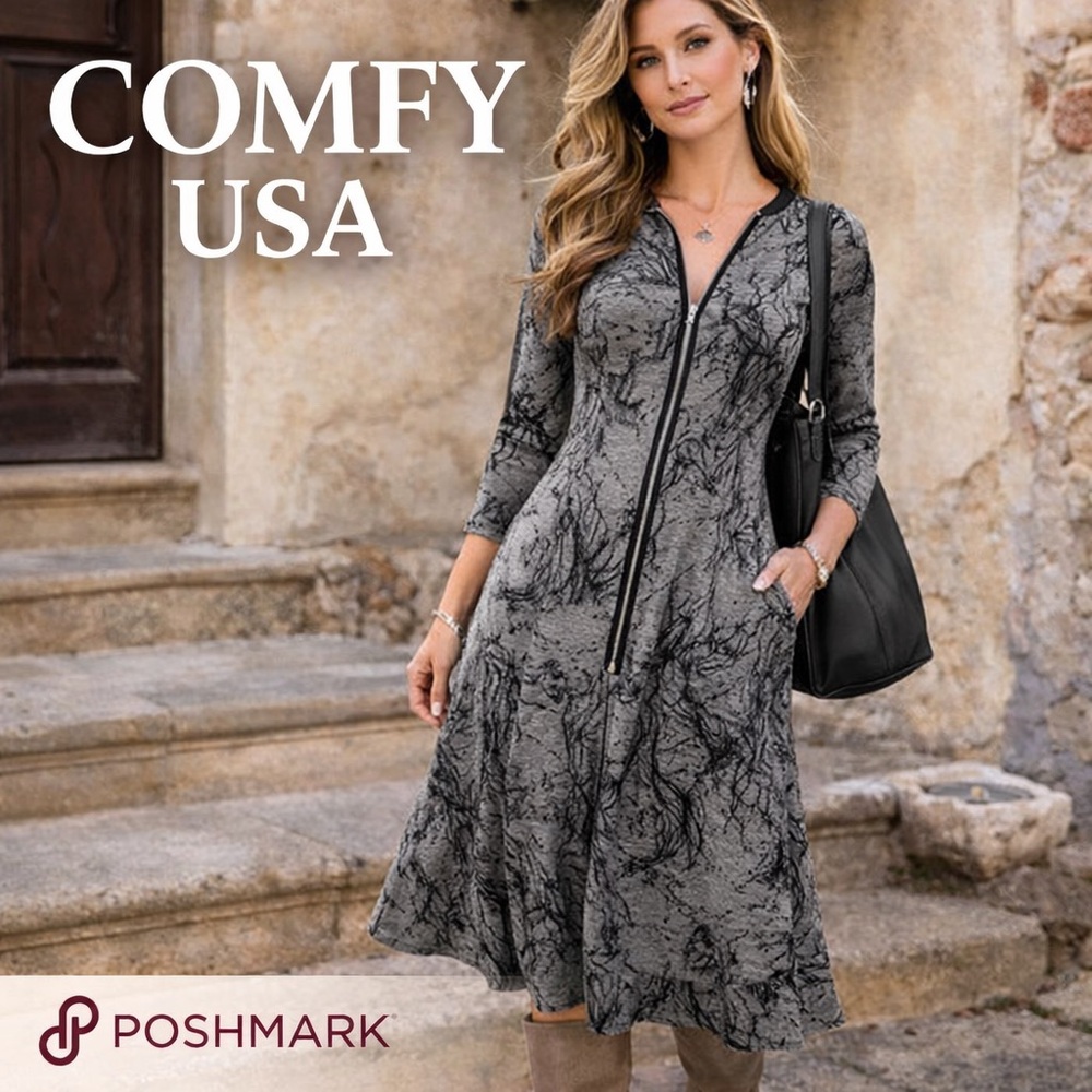 Comfy USA, Contemporary Gray/Black  Zip-Front Stretch Midi Dress Made USA Size S